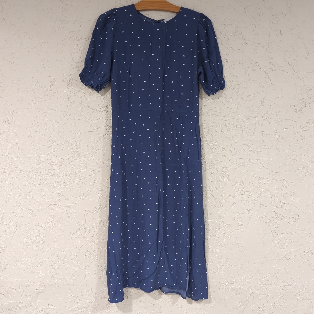 Loft Blue Prairie Dress White Polka Dot - Women's Size 6 Peasent Maxi Casual